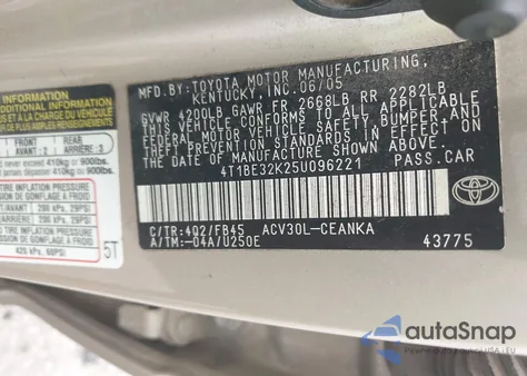 2005 Toyota Camry Std from USA, damaged, VIN 4T1BE32K25U096221